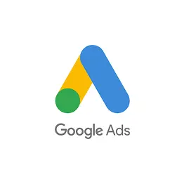 Google Adsのロゴで、青と黄色の図形が組み合わさったA字型アイコンとサービス名が描かれている